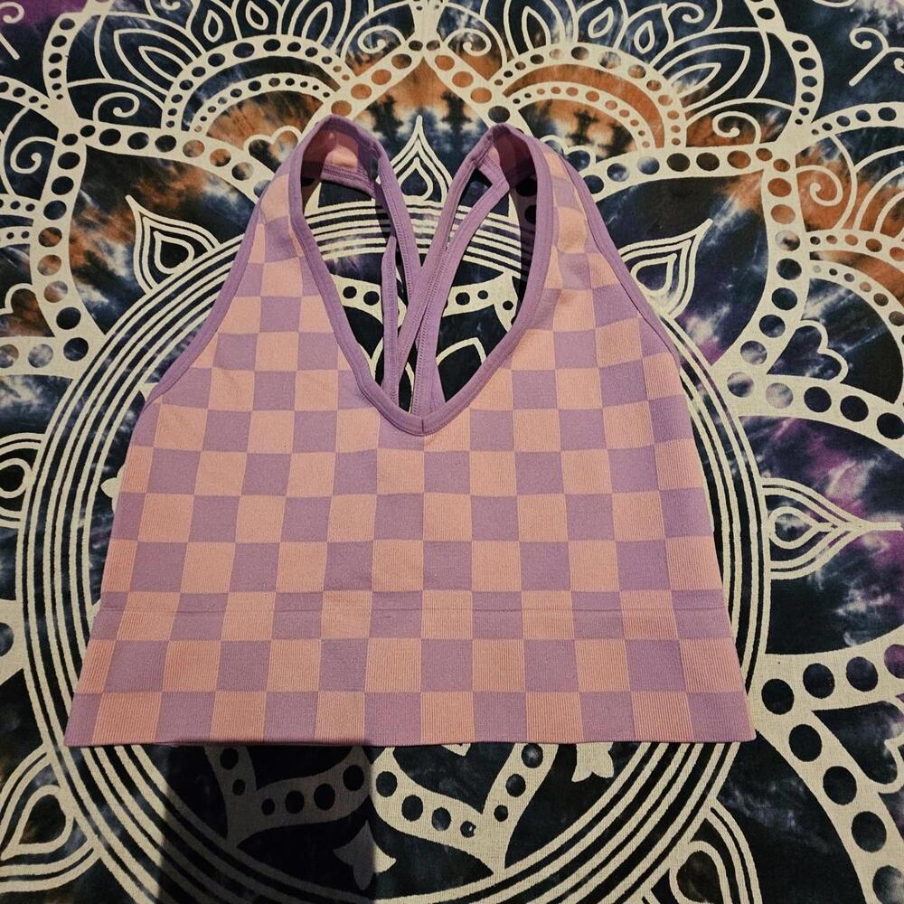 Women's Pink and Purple Checkered Crop-top